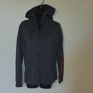 Adidas Dark Gray Zip-Up Hoodie with Orange Letters On The Sleeve. As Is.